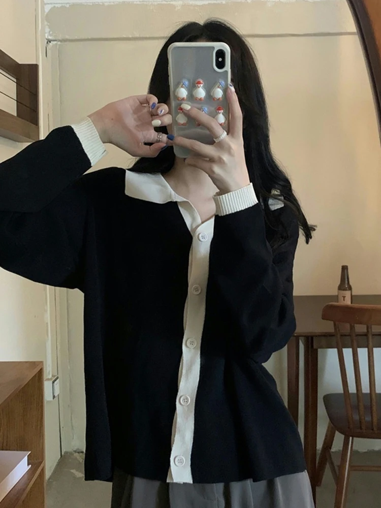 

Женский трикотажный кардиган с контрастными цветами, корейский Топ с длинным рукавом и воротником-поло, тонкий трикотажный свитер, весна-осень 9672