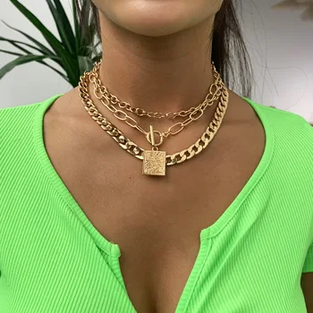

KMVEXO Gothic Multi Layered Punk Thick Chain Cuban Necklaces Geometric Pendant Toggle Hip Hop Neck Chain Short Collar Jewelry