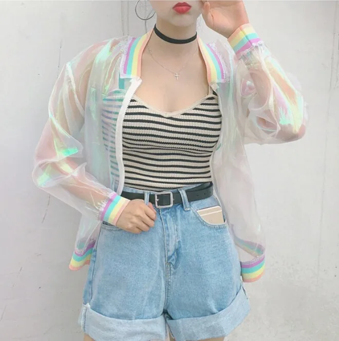 Teen-Girls-Yarn-Cool-Laser-Symphony-Sunscreen-Sun-Proof-Bat-Sleeve-Jersey-Jacket-Clear-iridescent-transparent
