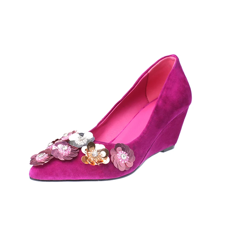 women Pumps Genuine Leather 22-24.5cm Sheep suede stitching Korean inside and outside Pointed flower wedge women shoes - Цвет: red