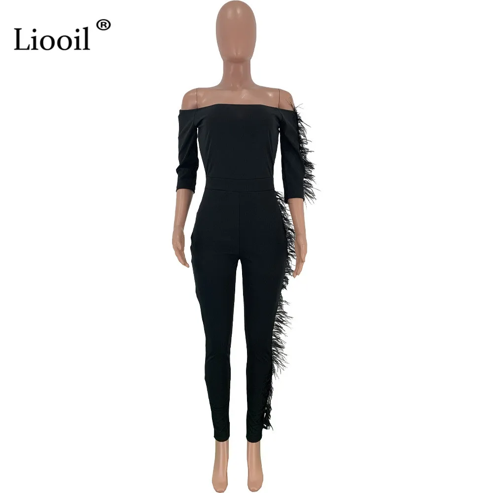 Liooil, черный, белый, перо, Сексуальные Обтягивающие Комбинезоны для женщин,, с длинным рукавом, с открытыми плечами, вечерние, Клубные комбинезоны, обтягивающие боди