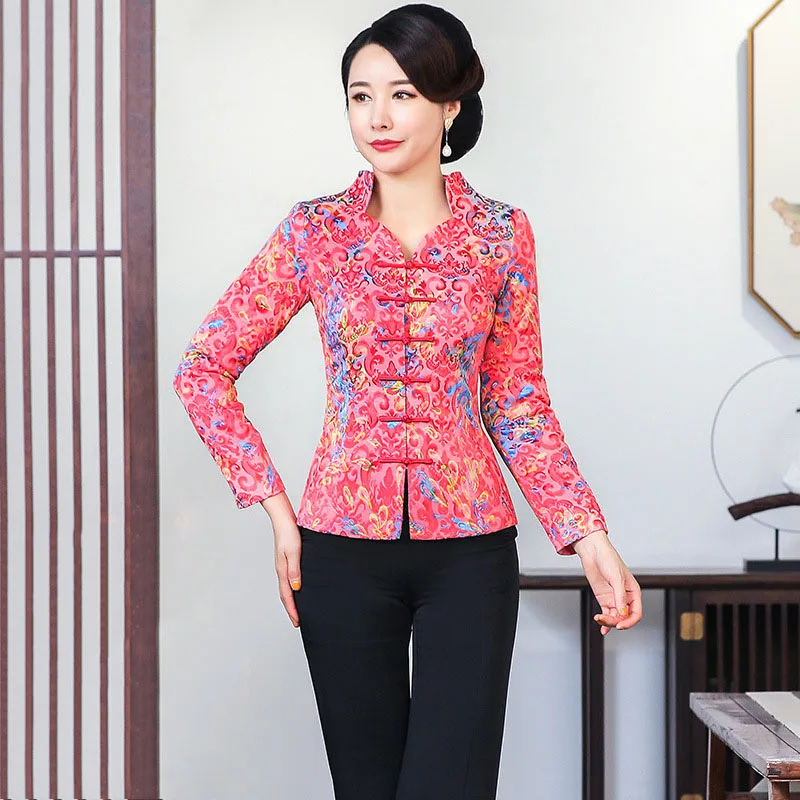 New Chinese Women Autumn Winter Blouse Tops Thickening Long Sleeves Shirt Elegant Warm Tang Clothing Print Flower Qipao