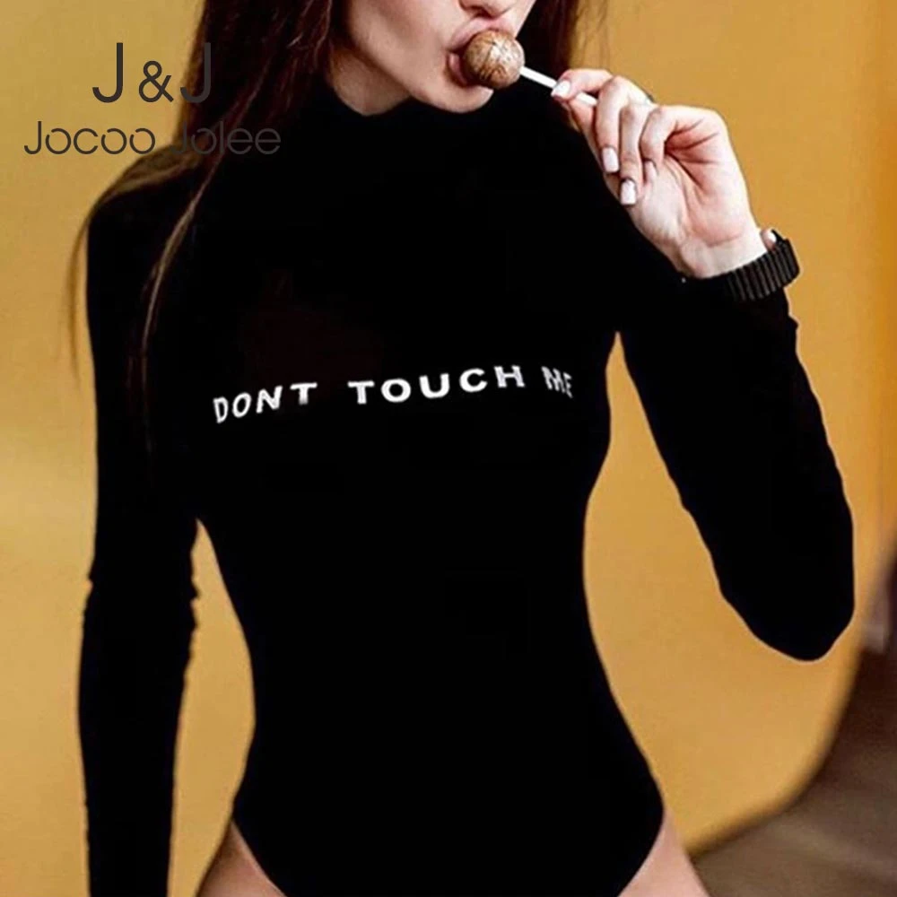 

Jocoo Jolee Women Neon Letter Print Bodysuits Autumn Long Sleeve Turtleneck Bodycon Tops Casual Overalls Sexy Romper 2019 New
