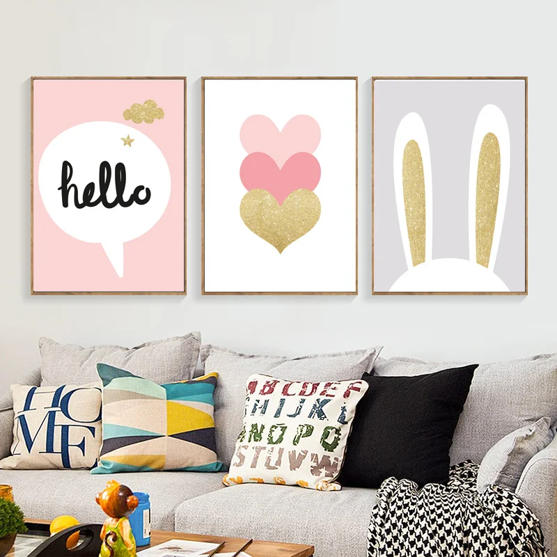 

Cute Rabbit Ear Cartoon Canvas Painting Pink Heart Wall Art Print Nursery Poster Hello Quotes Wall Pictures Baby Girl Home Decor