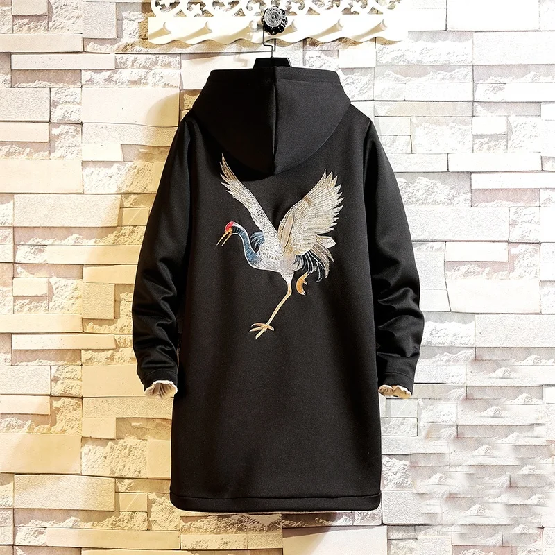 Тренчкот мужской зимний с капюшоном ветровка вышивкой журавлей в стиле