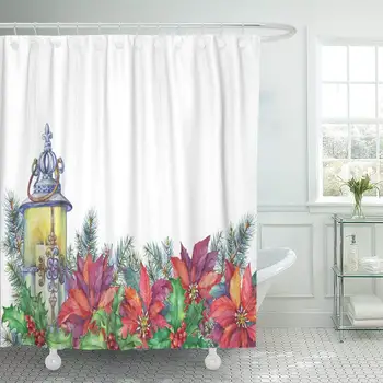 

Fabric Decorative Shower Curtain Curtains Set With Hooks Garland With A Christmas Tree Holly Poinsettia Lantern Watercolor