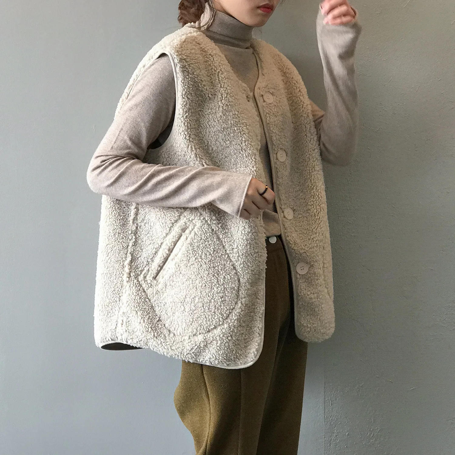 Mooirue, зимний женский жилет, пальто, тонкий, однобортный, ягненок, Свободный жилет, винтажный, Повседневный, кардиган, женские топы