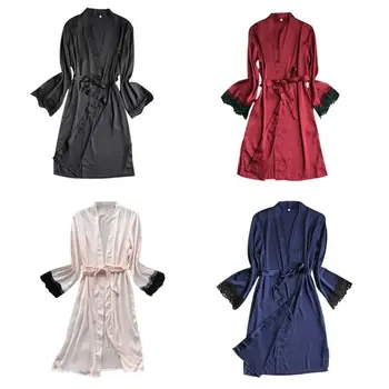 

Womens Faux Silk Open Front Kimono Bath Robe V-Neck Solid Color Eyelash Lace Cuff Long Sleeve Nightgown Belted Waist Sleepwear