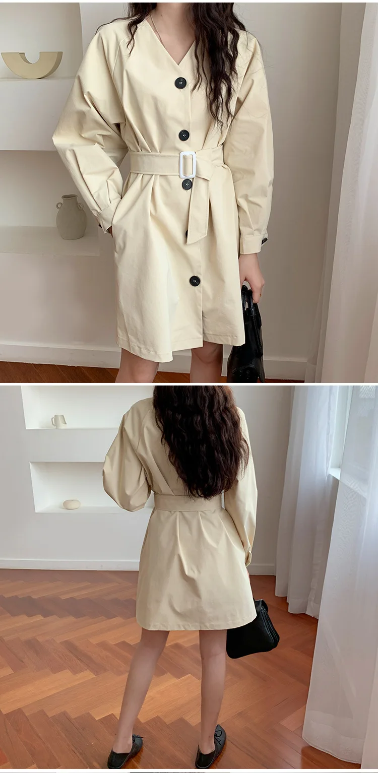 Photo Shoot South Korea Funny of GIRL'S Short-height Waist Hugging V-neck Single Breasted Trench Coat Dress