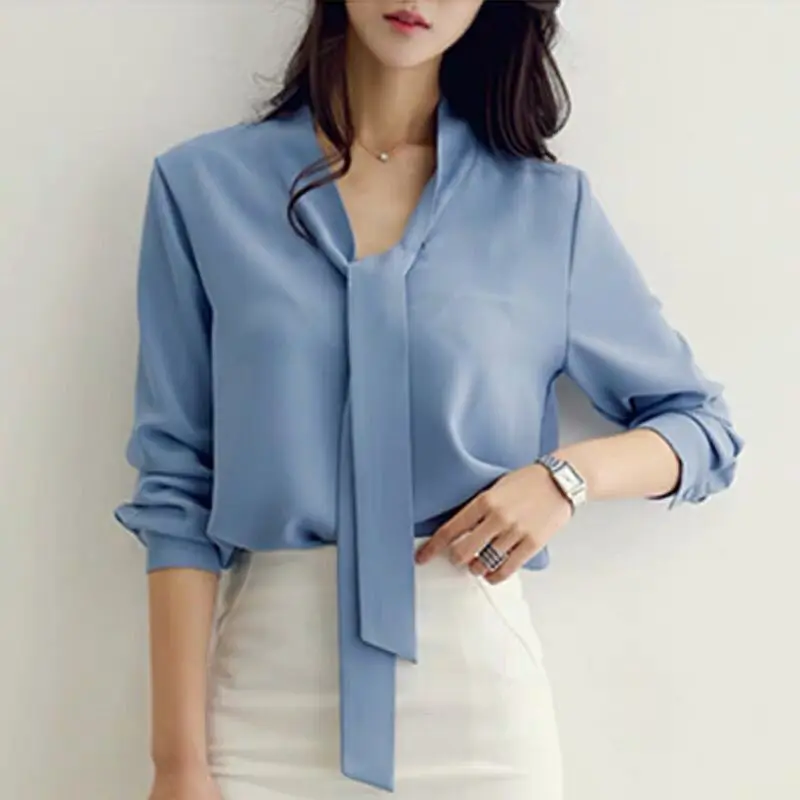

womens tops and blouses Autumn long-sleeved bow-tie flowing shirt Chao Korean shirt chiffon blouse white top office work blouse