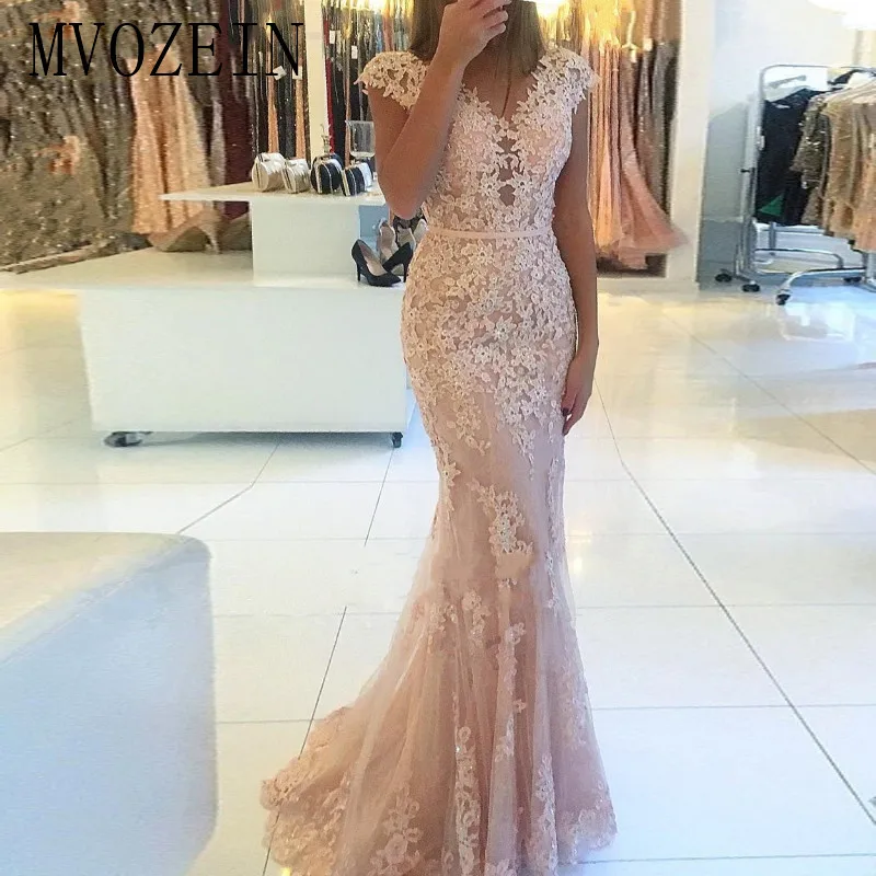 Elegante V-Hals Cap Sleeve Lace Tulle Mermaid Avondjurk 2019 Floor Lengte vestido de fiesta Lange Licht Roze prom Dress Elegante V-Hals Cap Sleeve Lace Tulle Mermaid Avondjurk 2019 Floor Lengte vestido de fiesta Lange Licht Roze prom Dress