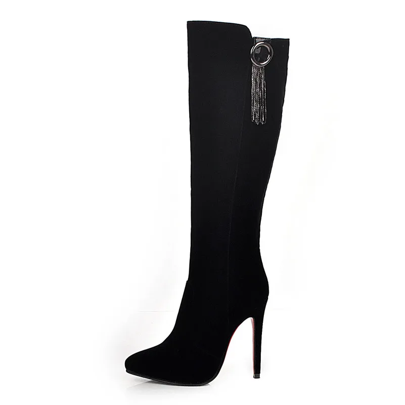 Meotina Winter Knee High Boots Women Boots Fringe Stiletto Heels Long Boots Zip Super High Heel Shoes Lady Autumn Big Size 33-43