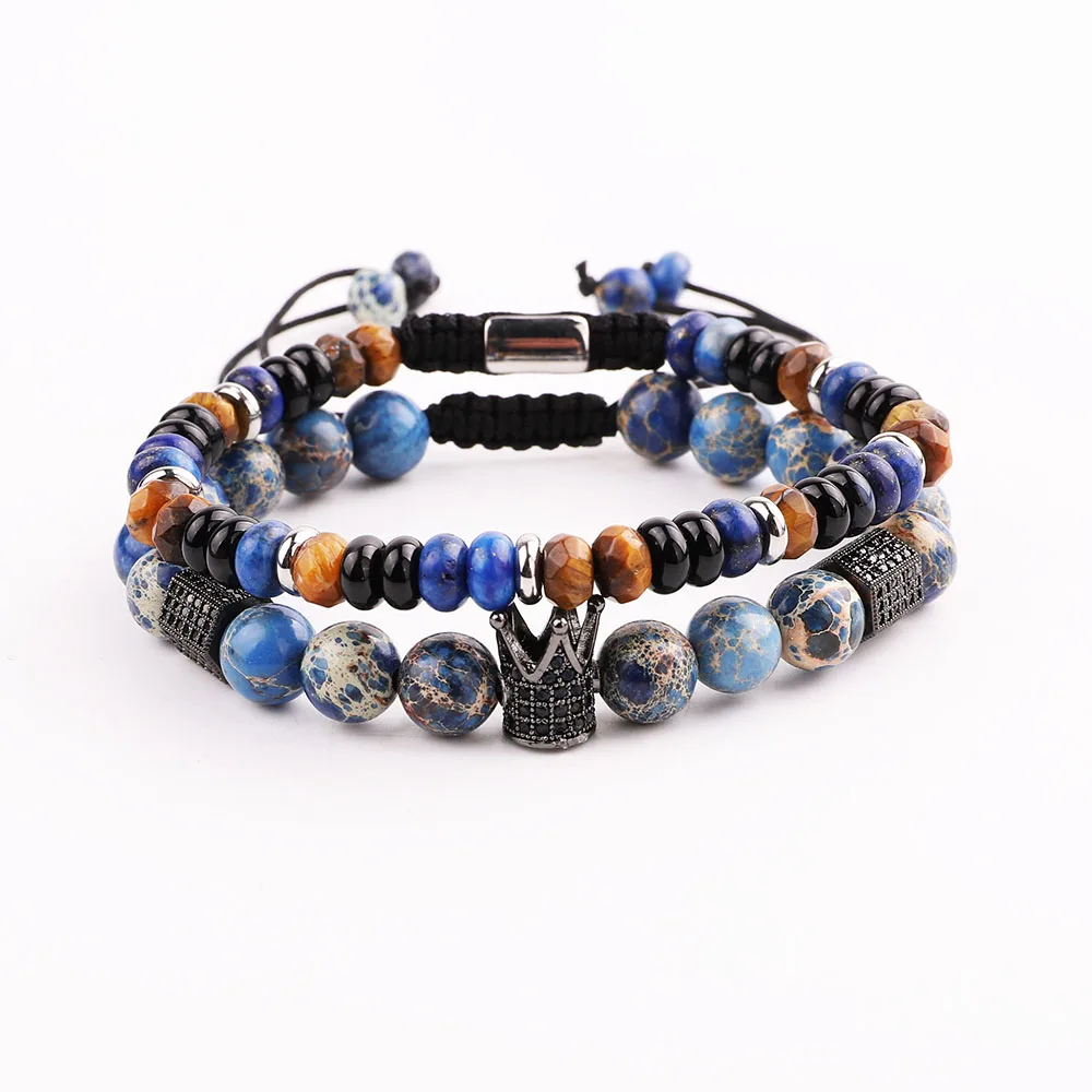 New Design Men Bracelet Set CZ Crown Natural Stone Braided Adjustable Macrame Bracelet Men - Image 5