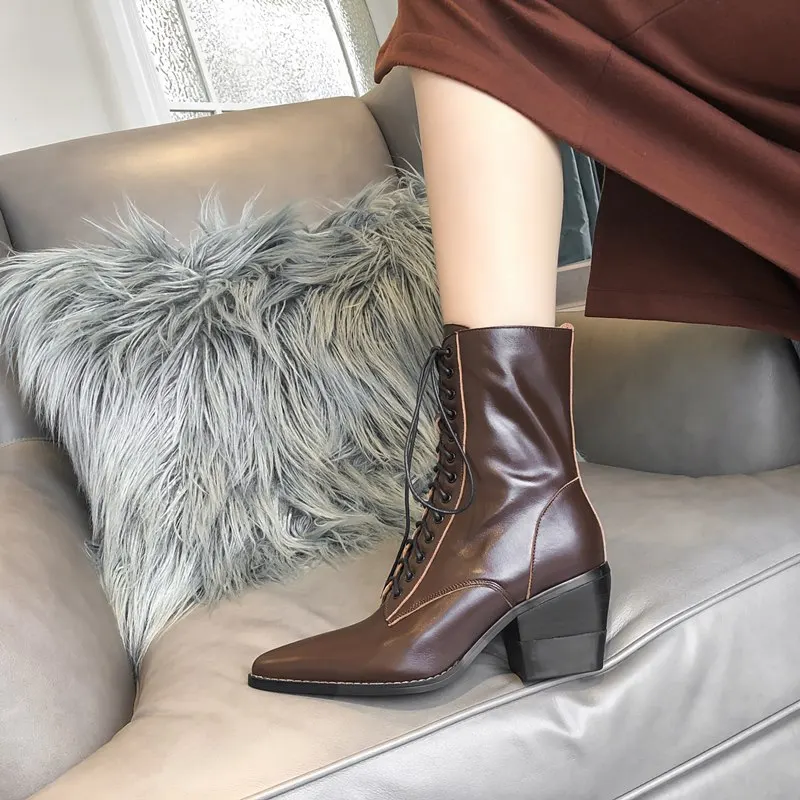 MORAZORA/Большие размеры 33-42, новые ботинки из натуральной кожи в стиле ретро женские винтажные ботильоны на высоком каблуке с острым носком на шнуровке в европейском стиле