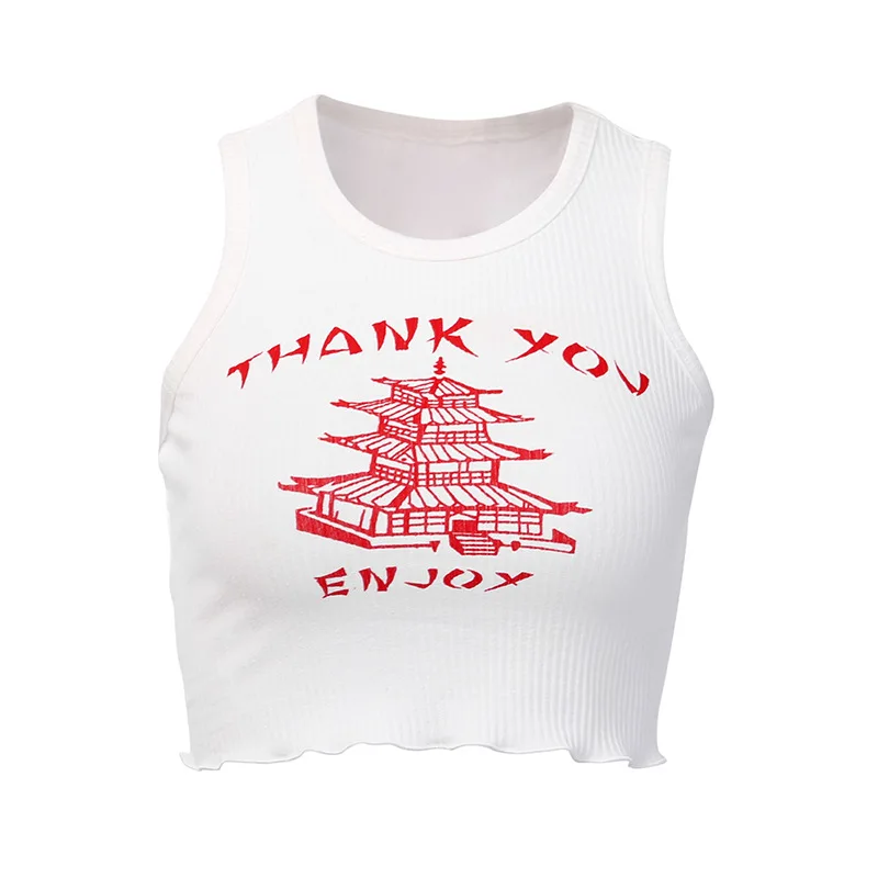 

crop top Summer in Short Micro-through the I-Shaped round Neckline Slim Vest Letters Building Bing Printed Top Female Wear