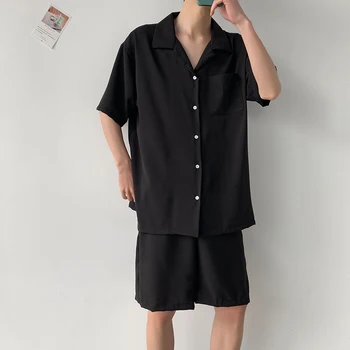 

2020 Summer Men's Youth Popular Short Sleeve Shirt Shorts Set Fashion Casual Loose Top Jacket Black / Khaki / Army Green S-2XL