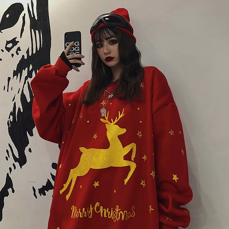 

Couple Sweatshirt Lazy Christmas Top Jacket Plus Fleece Pullover Loose Hoodie Women Fashion Long Sleeve Women Sweatshirt