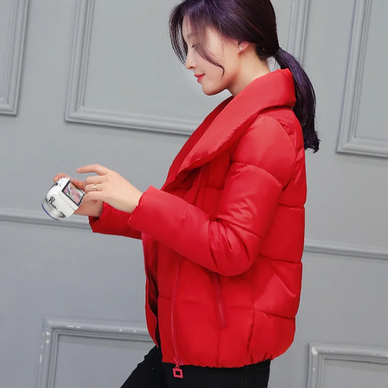 Женская зимняя парка, куртка, плотная короткая туника, пальто, теплая однотонная Водолазка с длинным рукавом, женские парки, повседневные женские куртки - Цвет: Красный