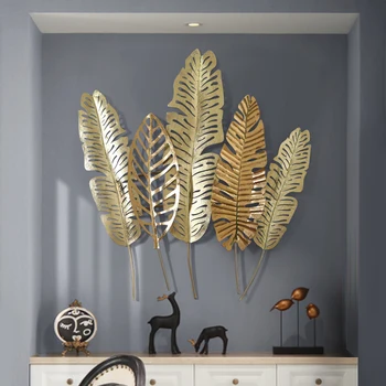 

Modern Wrought Iron Gold Leaf Wall Hanging Ornaments Hotel Porch Wall Mural Decoration Home Livingroom Wall Sticker Accessories