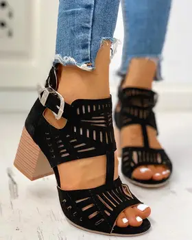 

Summer New Solid Hollow Out Chunky Sandals Buckle Women' Sandals Party Shoes Female Bohemia Casual