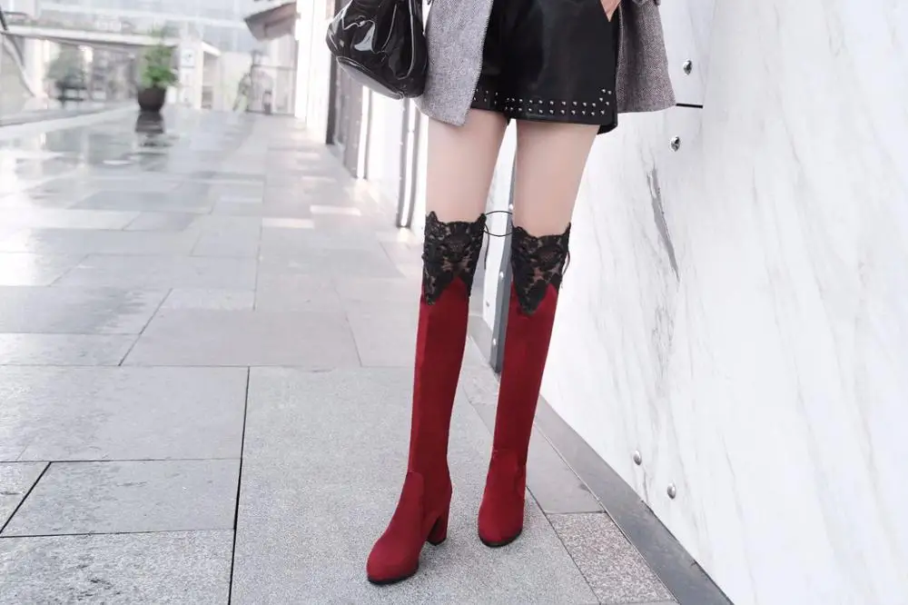 Новое поступление nueva moda salvaje de encaje Sobre las botas de la rodilla con botas de gamuza botas de mujer de gran tamamino