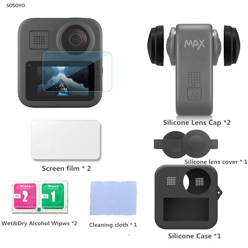 9 in 1 액세서리 세트 GoPro Max 액션 카메라 용 실리콘 렌즈 캡 강화 유리 화면 보호 필름 실리콘 케이스 키트