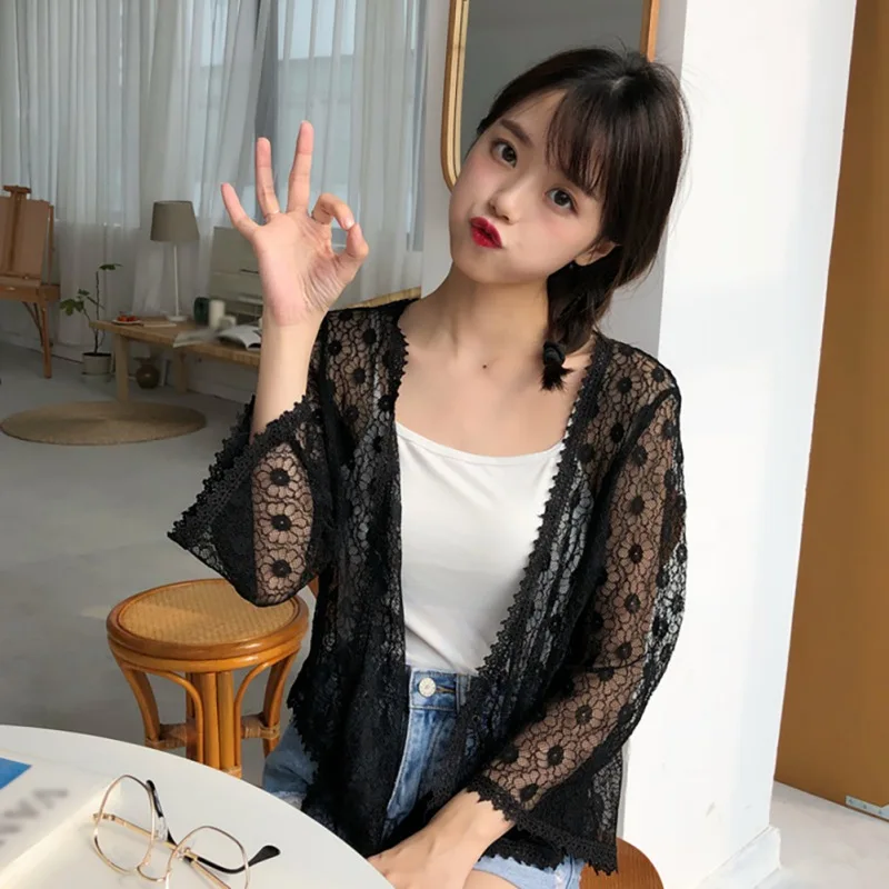 

Elegant Thin Cardigan Fashion Hollow Out Lace Shawl Trendy Casual Short Blouse