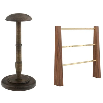 

2 Pcs Stand: 1 Pcs Vintage Wooden Hat Holder Wig Holder & 1 Pcs 3 Tier Jewelry Organizer Stand