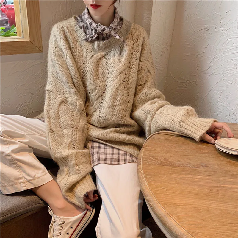 Women's Classic Plaid Casual Bow Collar Shirt Female Korean Twist Wild Loose O-neck Knit Pullover Sweater Two-piece Tops ML235
