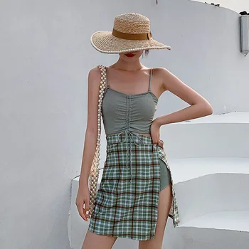 

Bathing Suits Women Plus Size Swimwear Bikini Swimsuit With Shorts For Mayan Bath Woman Plaid Retro Split High Waist Swimsuits