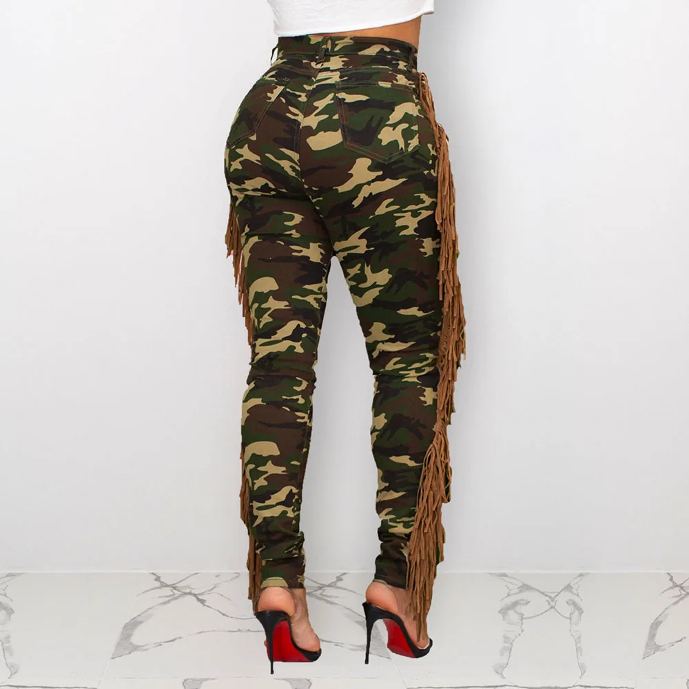 Camouflage Leopard Tassel Casual Pants Women Autumn Ripped Camo Trousers Sexy Military Fashion Ladies Elastic Pencil Pants