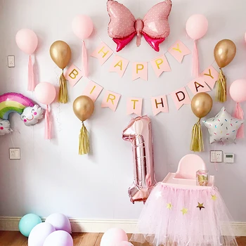 

Girl Pink Balloon Birthday Party Background Wall Decoration Pink Balloon Set Pack Happy Birthday