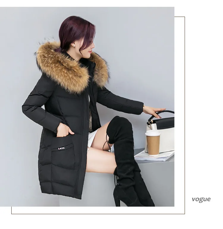 Winter Style down Jacket Women's Mid-length White Duck down Korean-style Slimming Cocoon Thick Large Size Dress Fur Collar