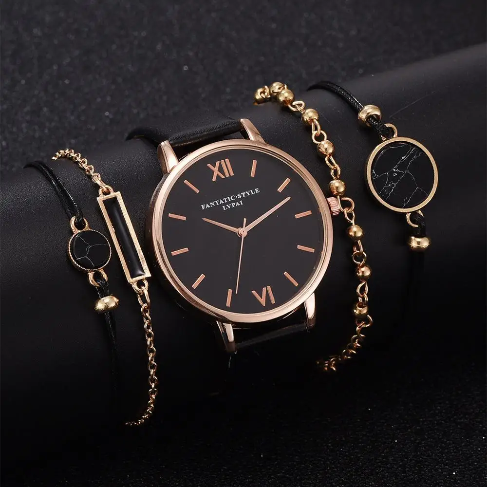 Women Watches 2023 Luxury 5pcs Gold Dial Fashion Wristwatch Leather Buckle Ladies Casual Watch Set Female Clock Hot Reloj Mujer