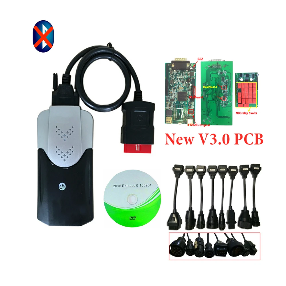 without bluetooth Супер V3.0 печатная плата Bluetooth vci vd ds150e cdp для delphis obd2 сканер Инструменты. R3 с keygen+ 16 шт. автомобилей/грузовиков Кабели - Цвет: without bluetooth