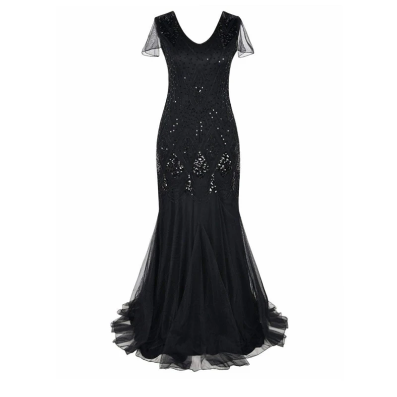black Большие размеры women женское платье с коротким рукавом и v-образным вырезом Vestido в бусинах и пайетках винтажное платье 1920s Great Gatsby вечерние платья - Цвет: black