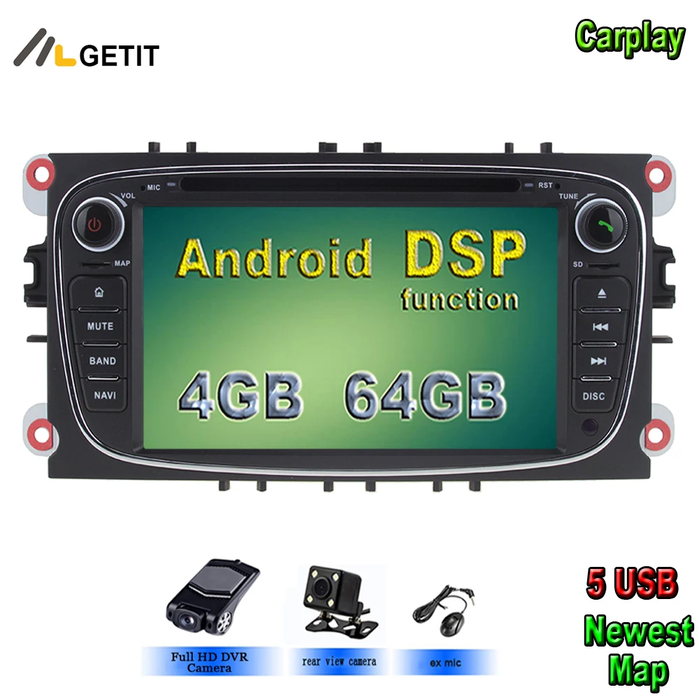 5 USB Android 10 автомобильный DVD-радиоплеер для Ford Focus2 Mondeo Galaxy 2 Din GPS-навигация аудио