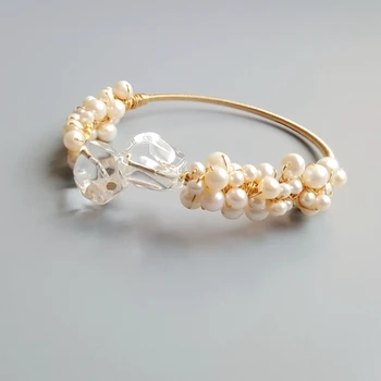 

LiiJi Unique Baroque Clear Quartzs Freshwater Pearl Beads Bracelet Handmade Jewelry Open Bangle For Women Gift Drop Shipping