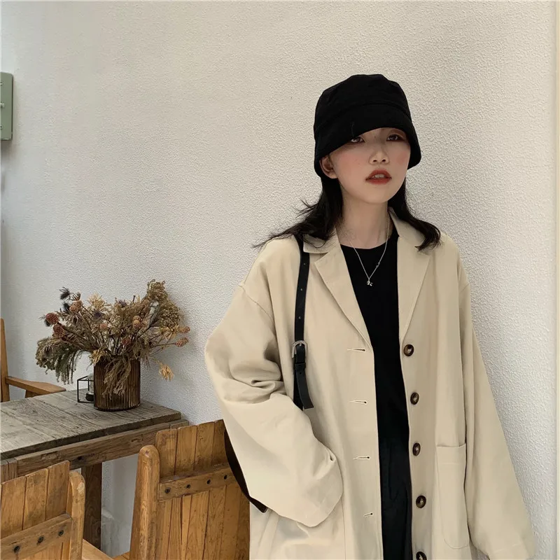 Women Long Trench Coat Loose Turn-down Collaroling A Bf Coats 8392