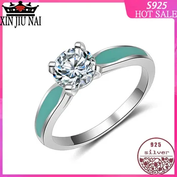 

100% 925 Sterling Silver Cubic Zirconia Solitaire Ring Wedding Band Women Pink Green Black Enamel Boho diamond rings for women