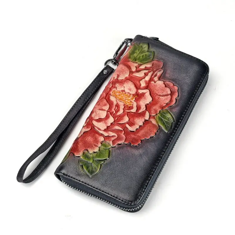 Vintage Flower Leather Long Zipper Clutch Wallet Card Holder Purse Handbag Coin Bag