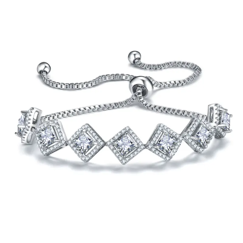 Квадратные подвески, регулируемые браслеты для женщин, кубический цирконий, серебряный цвет, браслет для женщин, свадебные украшения, подарок на день Святого Валентина