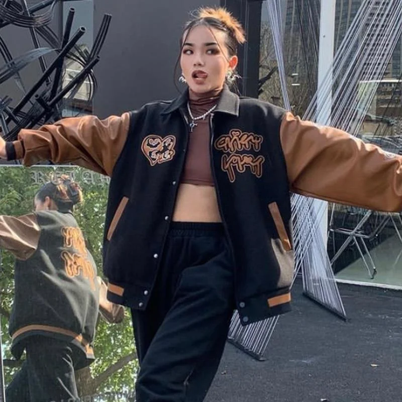 Bomber Jacket Women Vintage Hip-hop Baseball Jacket Letters Embroidery Patchwork Streetwear College Rock Jacket Varsity Jacket