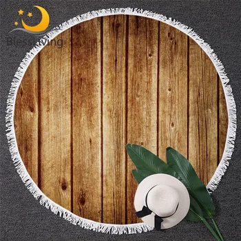 

BlessLiving Wood Printed Round Beach Towel Nature Textured Tassel Tapestry 3D Striped Brown Yoga Mat Annual ring Toalla Blanket