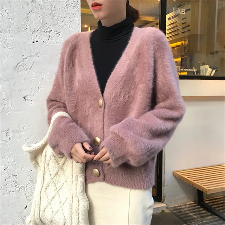 Теплый кардиган мохер свитер женский v-образный вырез розовый вязаный негабаритный свитер на пуговицах корейский стиль свитера Женское зимнее пальто