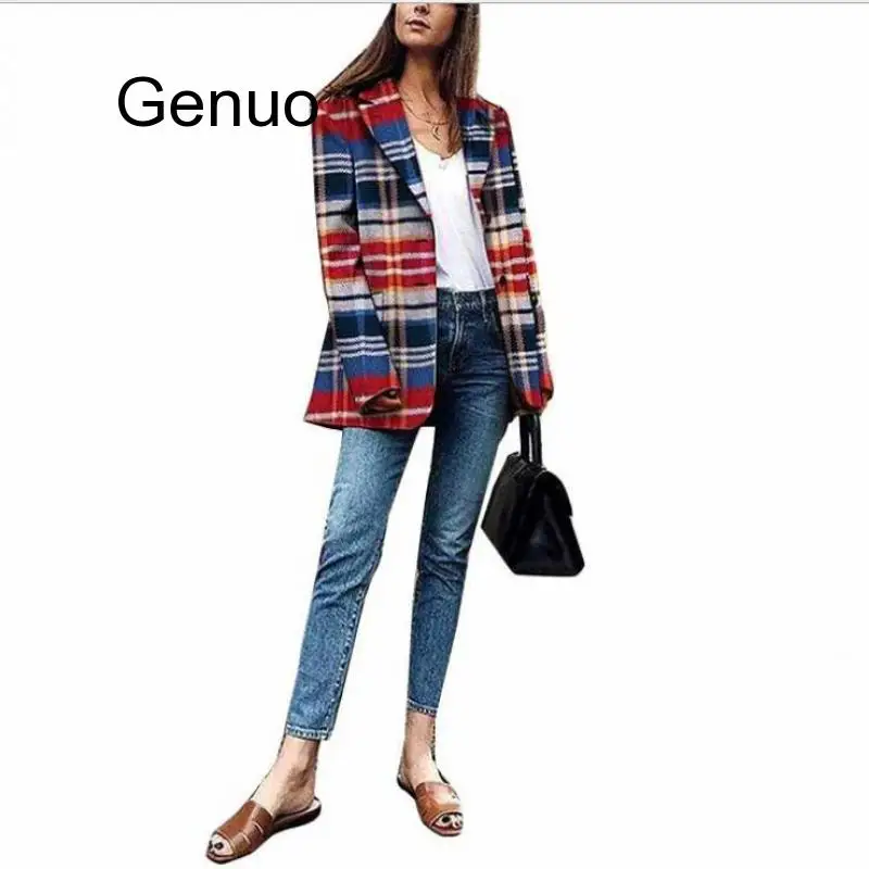 

Women Lapel Plaid Print Suit Coat Long Sleeve Coats Open Front Cardigan Streetwear Temperament Outwear Casaco Feminino