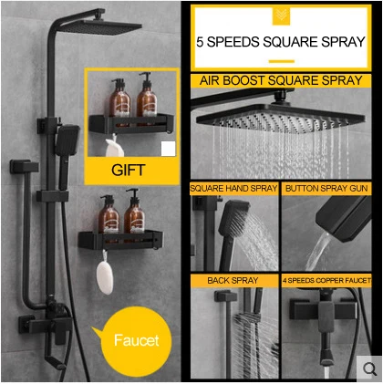 Square-5 Speeds Chuveiro Do Banheiro Ванная Комната Черная Душевая система набор дождевой Душ Ducha Chuveiro настенная круглая Квадратная Головка дождевой Душ дождевой набор - Цвет: Square-5 Speeds