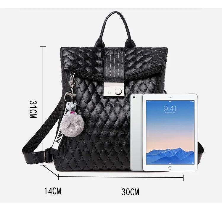 2019 Brand Designer Women's Quilted Leather Backpack Purse Ladies Fashion Leisure Rucksacks Anti Theft Backpacks with Lock Black (9)