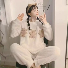 

Cartoon Bear Pajamas for Teen Girls Womens Pijamas Set Warm Plants Sleepwear Flannel Cute Rabbit Adult Winter Nightwear Velvet
