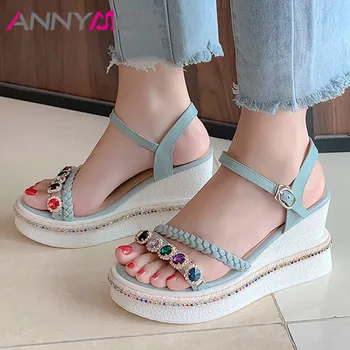 

ANNYMOLI Woman Crystal Sandals Real Leather Espadrille Platform Wedges Extreme High Heels Sandals Buckle Ladies Party Shoes 42